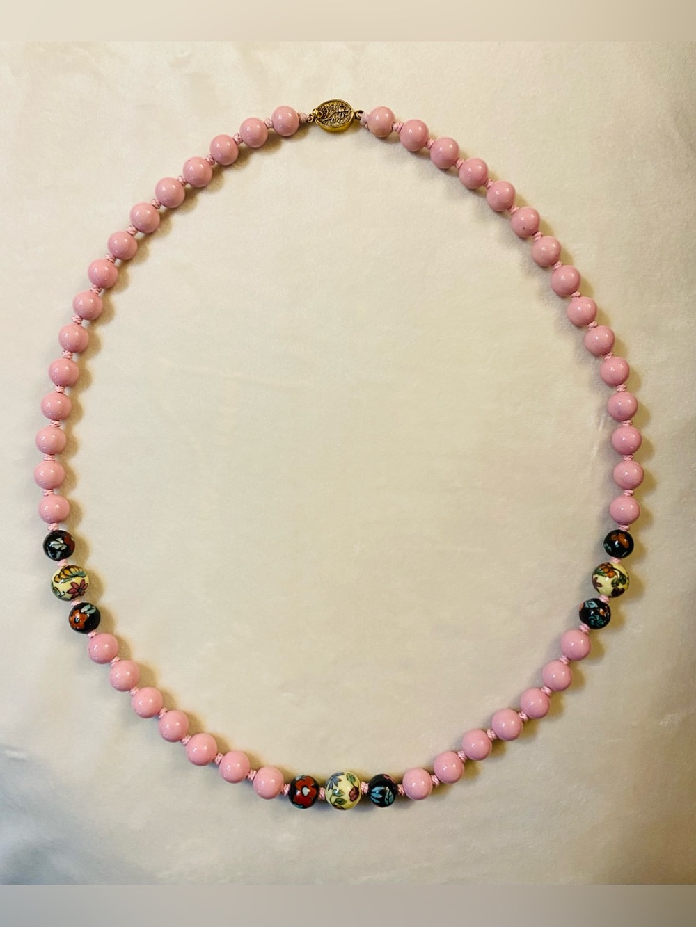 VTG 60s Chinese Porcelain Beaded Necklace Dusty Pink Floral Accent Beads Knotted